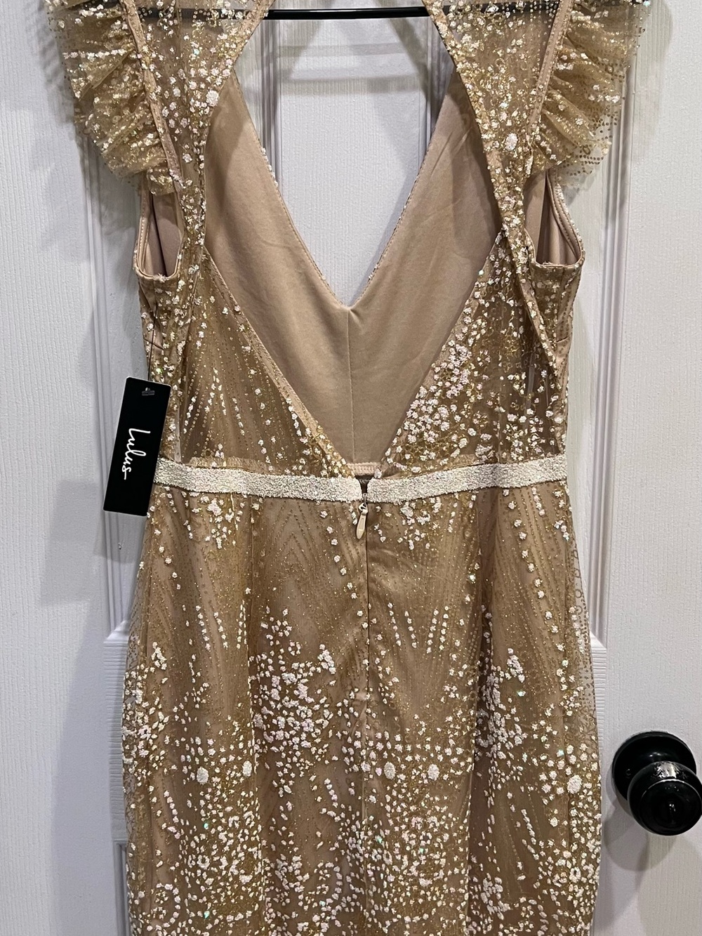 Spread My Shine Beige Glitter Ruffled Backless Mini Dress - Picture 4 of 7